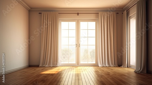 Mockup of a white, empty room with a brown curtain, a white door, and a wooden floor. Generative AI © 2rogan