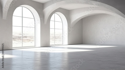 White interior with no furniture, a concrete floor, and an arc. mock-up for an illustration. Generative AI