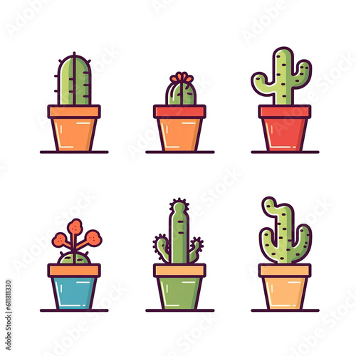 Set of 6 cactus on plant pots icon vector art isolated on white background. Minimal cartoon with solid color and bold outline art style. Digital illustration generative AI.