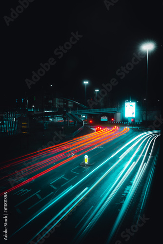 Sheffield by night - light car trails top view