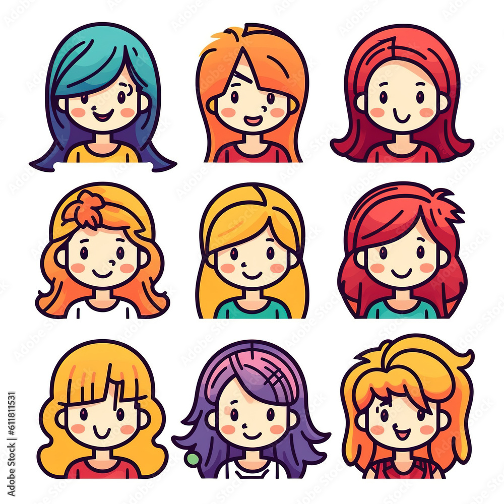 Set of 9 various girls different hair color avatar icon flat vector art isolated on white background. Minimal cartoon solid color bold outline art style. Digital illustration generative AI. Set of 9 various girls different hair color avatar icon flat vector art isolated on white background. Minimal cartoon solid color bold outline art style. Digital illustration generative AI.