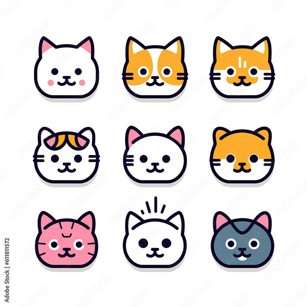 Set of 9 various cute cat faces icon flat vector art isolated on white background. Minimal cartoon with solid color and bold outline art style. Digital illustration generative AI.