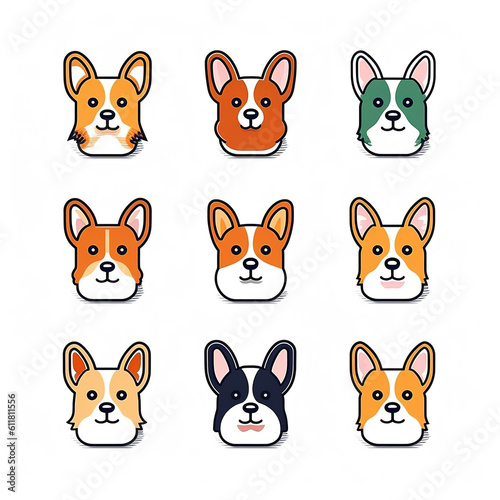 Set of 9 Corgi dog faces icon vector art isolated on white background. Minimal cute cartoon art style. Digital illustration generative AI.