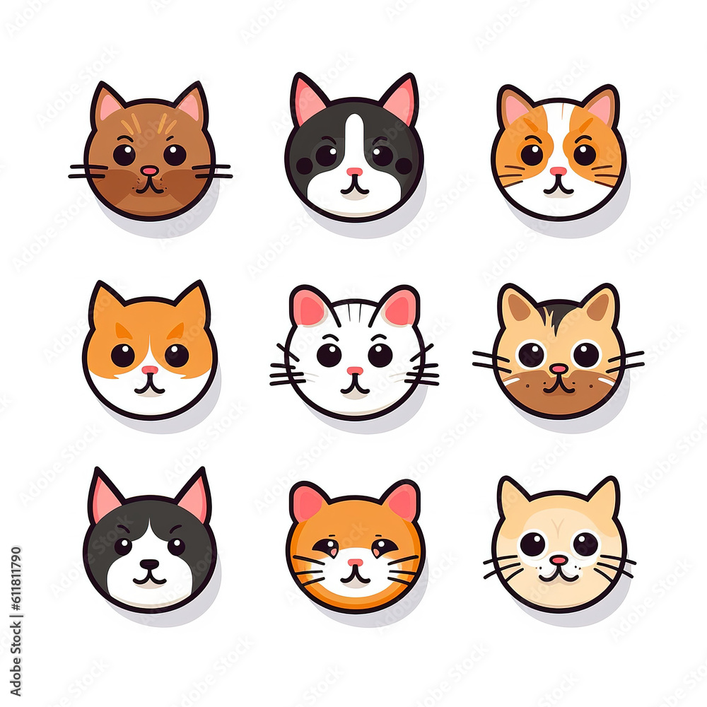 Set of 9 various cat faces icon flat vector art isolated on white background. Minimal cartoon with solid color and bold outline art style. Digital illustration generative AI.