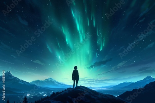 shining starry sky and the view into a valley surrounded by mountains created with Generative AI technology