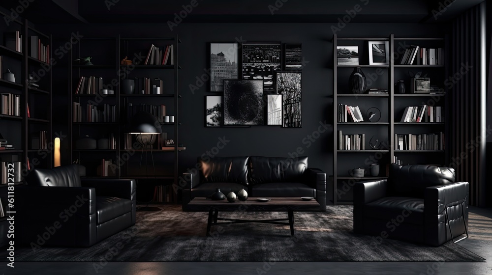 Dark room with simple black picture frames, a carpet, a sofa, a chair, and a bookshelf. Black is the background of a poster. Generative AI Dark room with simple black picture frames, a carpet, a sofa, a chair, and a bookshelf. Black is the background of a poster. Generative AI