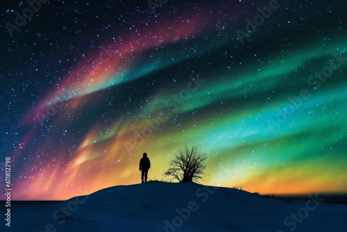 over a landscape covered with snow the sky shines in rainbow colors created with Generative AI technology