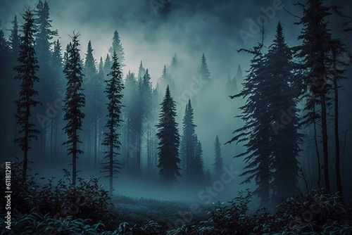 a coniferous forest with dense fog created with Generative AI technology