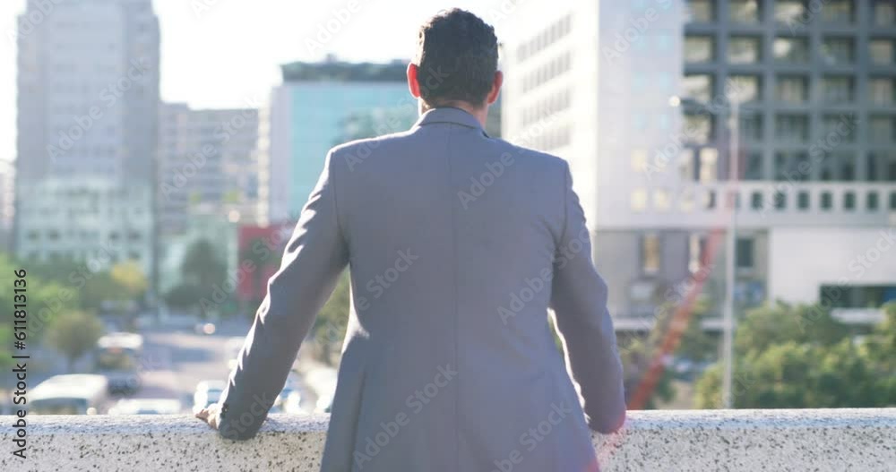 City view, buildings and back of business man, property developer or real estate manager thinking of architecture development. Urban growth, outdoor bridge and male person looking at San Francisco