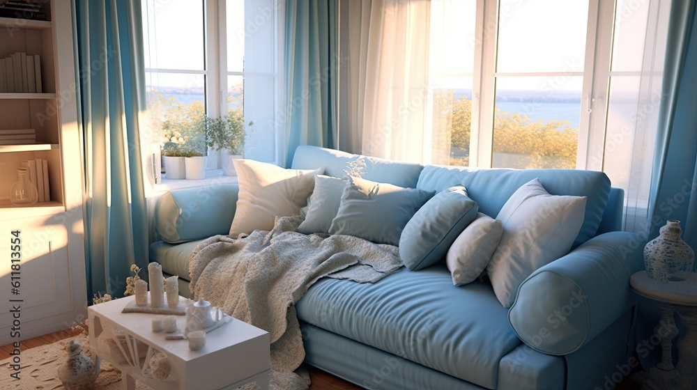 Fototapeta premium a comfortable sofa with pillows by the window. inside decorating Generative AI