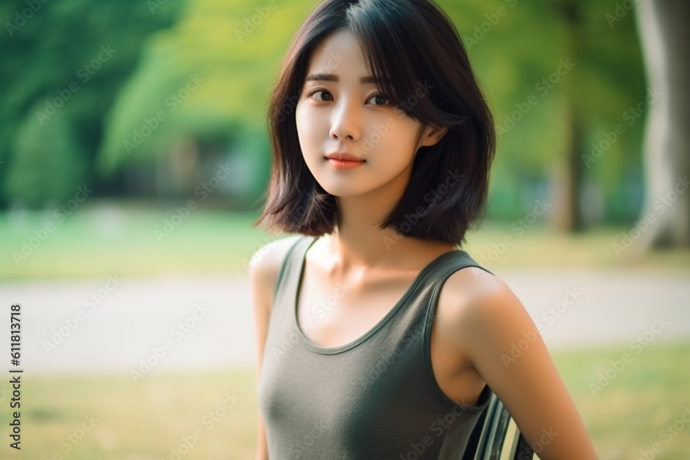 Beautiful Japanese woman exercising in the park. Generative AI Beautiful Japanese woman exercising in the park. Generative AI