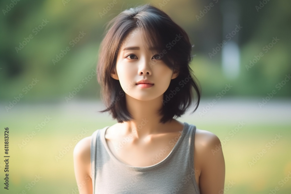 Beautiful Japanese woman exercising in the park. Generative AI