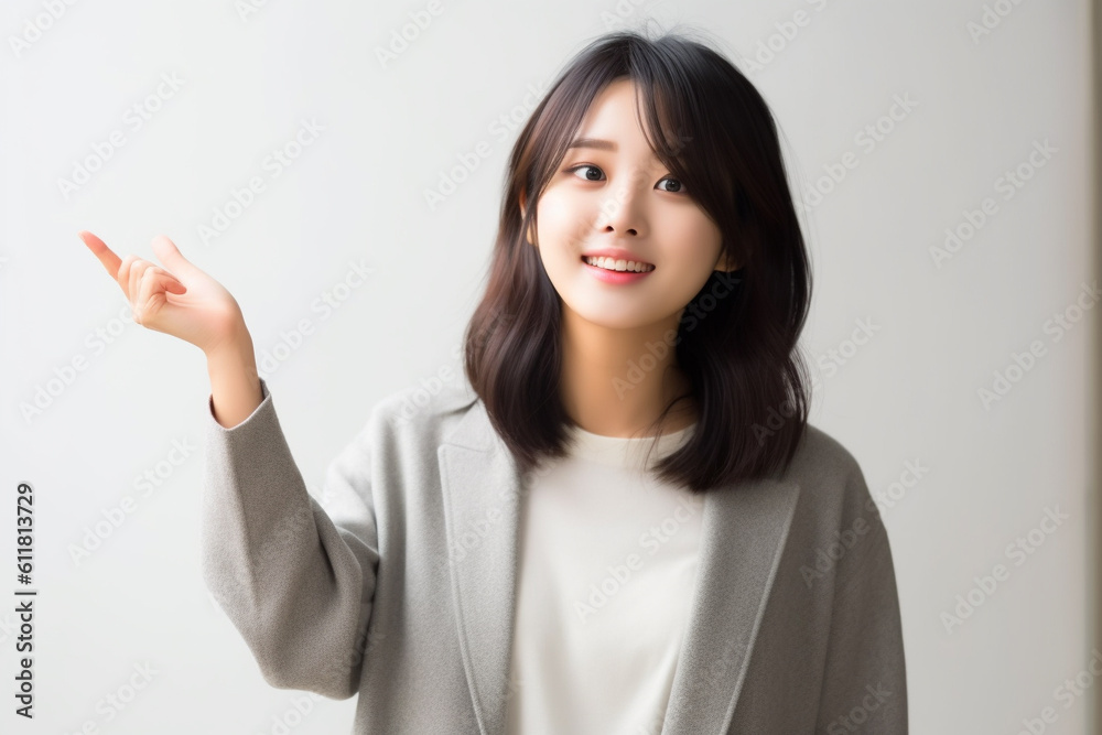 Japanese woman pointing with right index finger. Generative AI Japanese woman pointing with right index finger. Generative AI