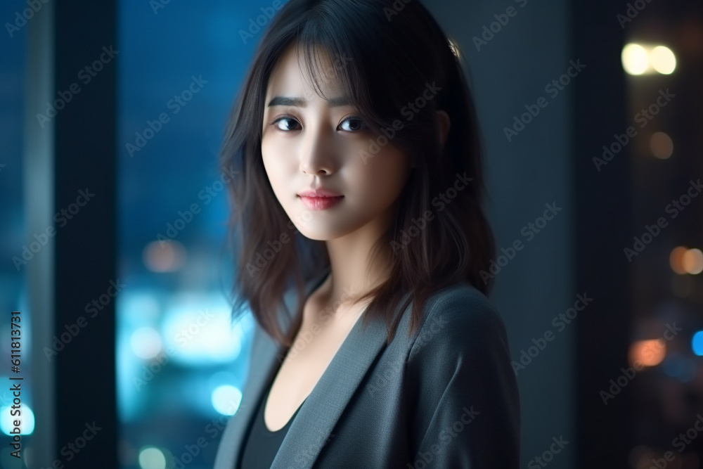 custom made wallpaper toronto digitalJapanese female office worker working in an office at night. Generative AI