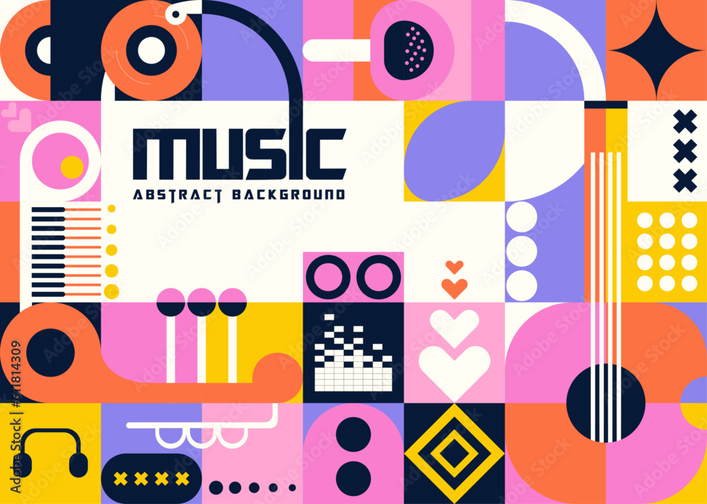 Mosaic of flat simple geometric elements. Abstract geometric background with music design. Mosaic of flat simple geometric elements. Abstract geometric background with music design.