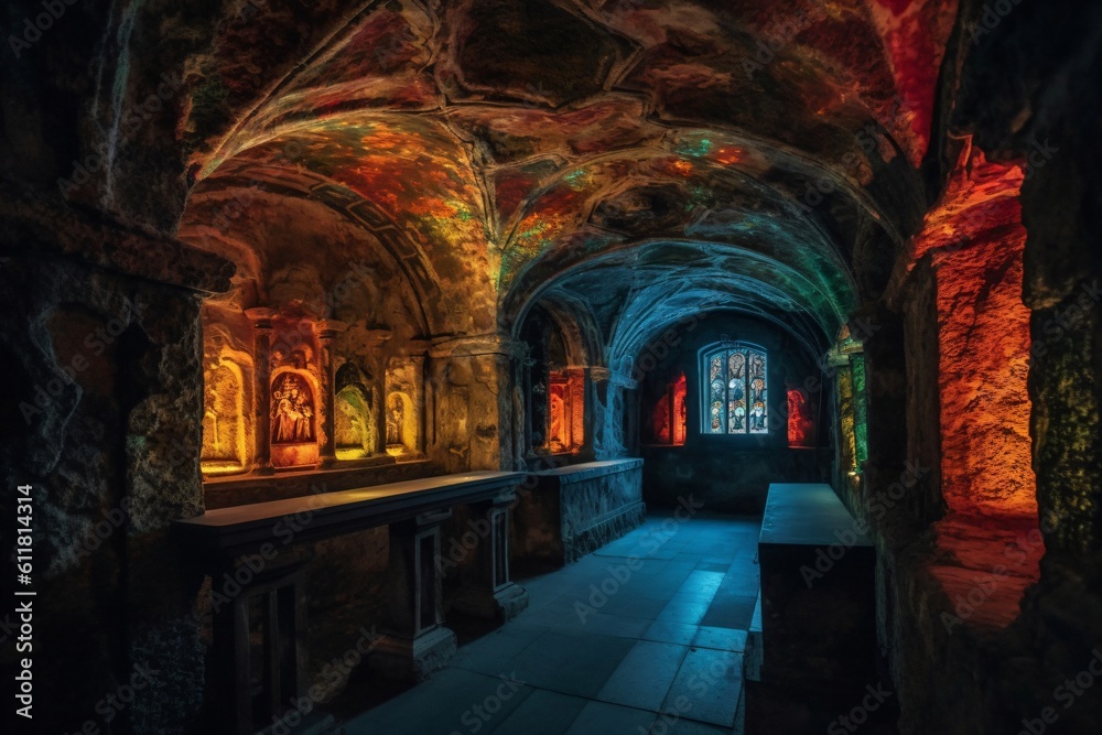 an old chapel built of stone with colorful lighting created with Generative AI technology