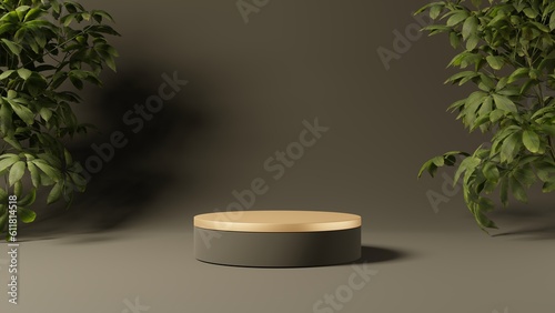 Gold empty podium or pedestal for product presentation, showcase of beauty and cosmetics product. Round mockup platform on black background. 3d rendering