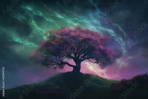 beautiful big tree with pink flowers at night created with Generative AI technology
