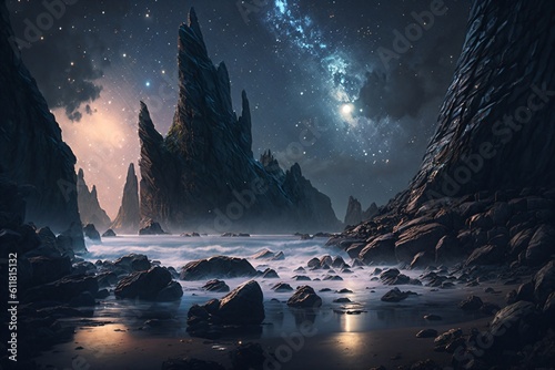 beautiful starry sky over a landscape of water and rocks created with Generative AI technology