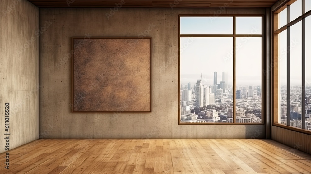 On the concrete wall of the room with the wooden floor and the city view is a picture frame that is empty. a mockup Generative AI On the concrete wall of the room with the wooden floor and the city view is a picture frame that is empty. a mockup Generative AI