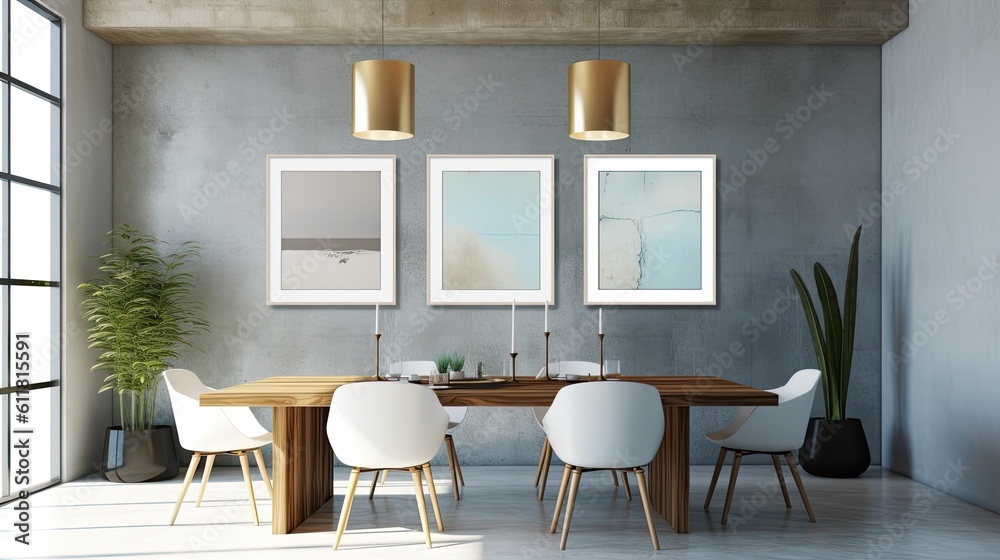 Fototapeta premium A modern dining room's d�cor features two vertically aligned blank posters on a blue concrete wall. clipping the poster's perimeter. Generative AI
