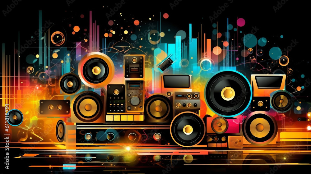 Obraz premium Sound Multimedia Soundsystem HiFi Membran Membrans abstrakt bunt im 16:9 Format. Generative Ai. 