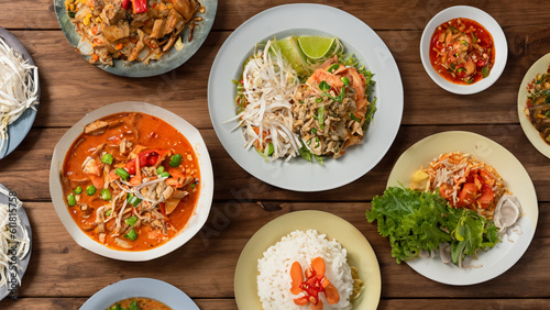 Different Thai food from top view on wooden table - generative ai