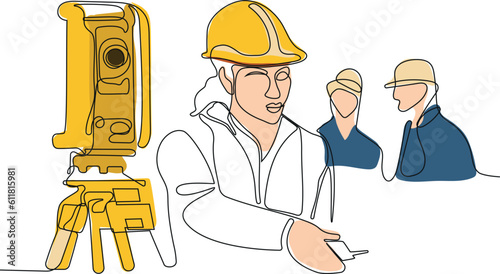 Close up of Caucasian worker with helmet on head using tablet for work while standing in warehouse. Surveyor with a tripod icon. Geodesic tripod. Vector illustration