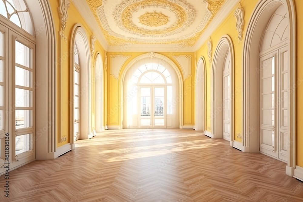 Neoclassical architecture concept, empty room interior design in white and yellow pastel tones, parquet wood floor, molded walls, arched doors with curtains, Generative AI