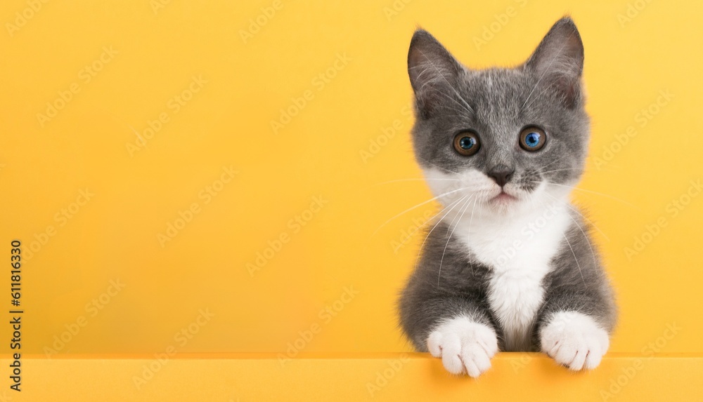 The residential cat is standing on a yellow wall with a yellow background