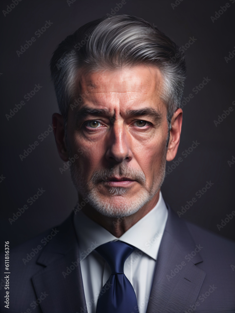 Portrait of a successful businessman in a suit and tie, illuminated with a low key lighting. Expert, Prestige, Success concept created with generative AI.