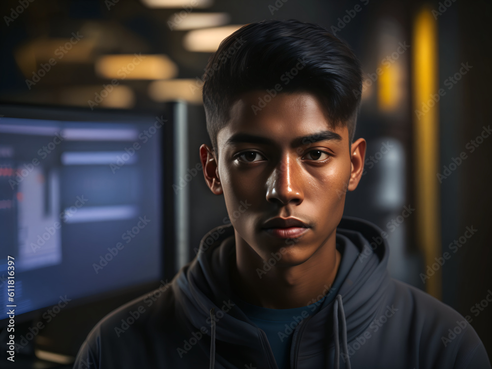Creative hispanic software developer man in a room of glowing screens. Creativity, programming, coding concept created with generative AI. Creative hispanic software developer man in a room of glowing screens. Creativity, programming, coding concept created with generative AI.