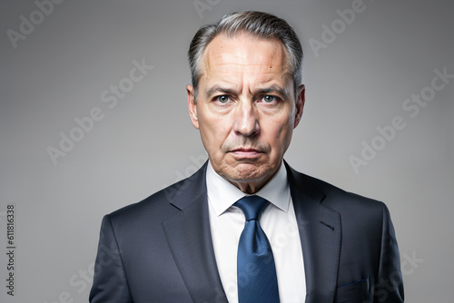 Scowling, arrogant, skeptical middle-aged man in professional business suit with tie. Authority, confidence, success concept created with generative AI.