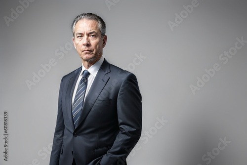 Scowling, arrogant, skeptical middle-aged man in professional business suit with tie. Authority, confidence, success concept created with generative AI.