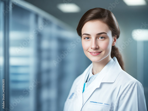 Young Russian woman doctor smiling in lab coat. Healthcare, medicine, success concept created with generative AI.