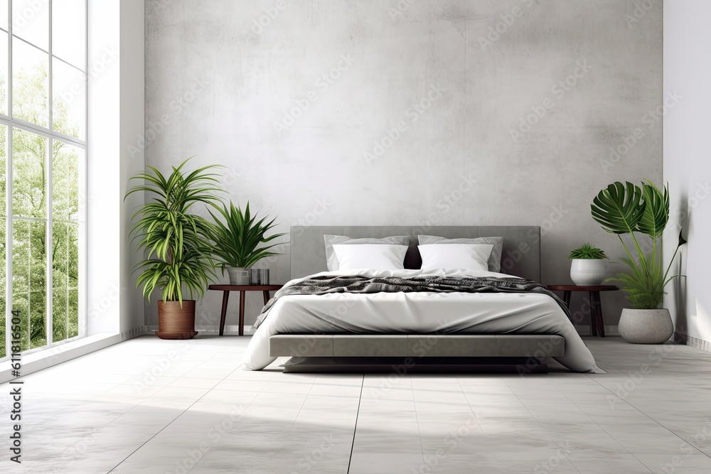 A bedroom with a simple style and two banners on a white wall also has ...