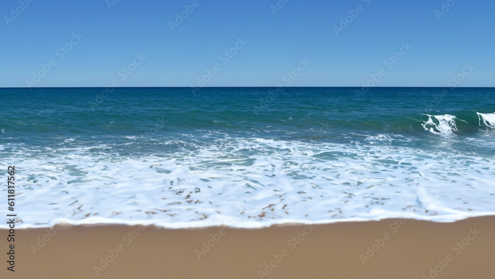 A view of the ocean horizon with waves crashing against the sandy beach. - generative ai