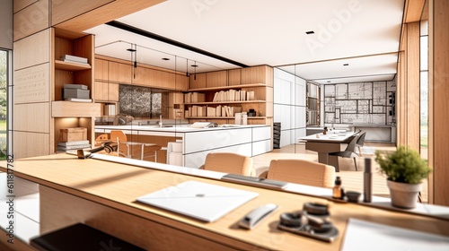 Conceptual drawing for an architect s house  with a modern wooden kitchen interior design in the background and a desktop computer on a white work desk. Generative AI