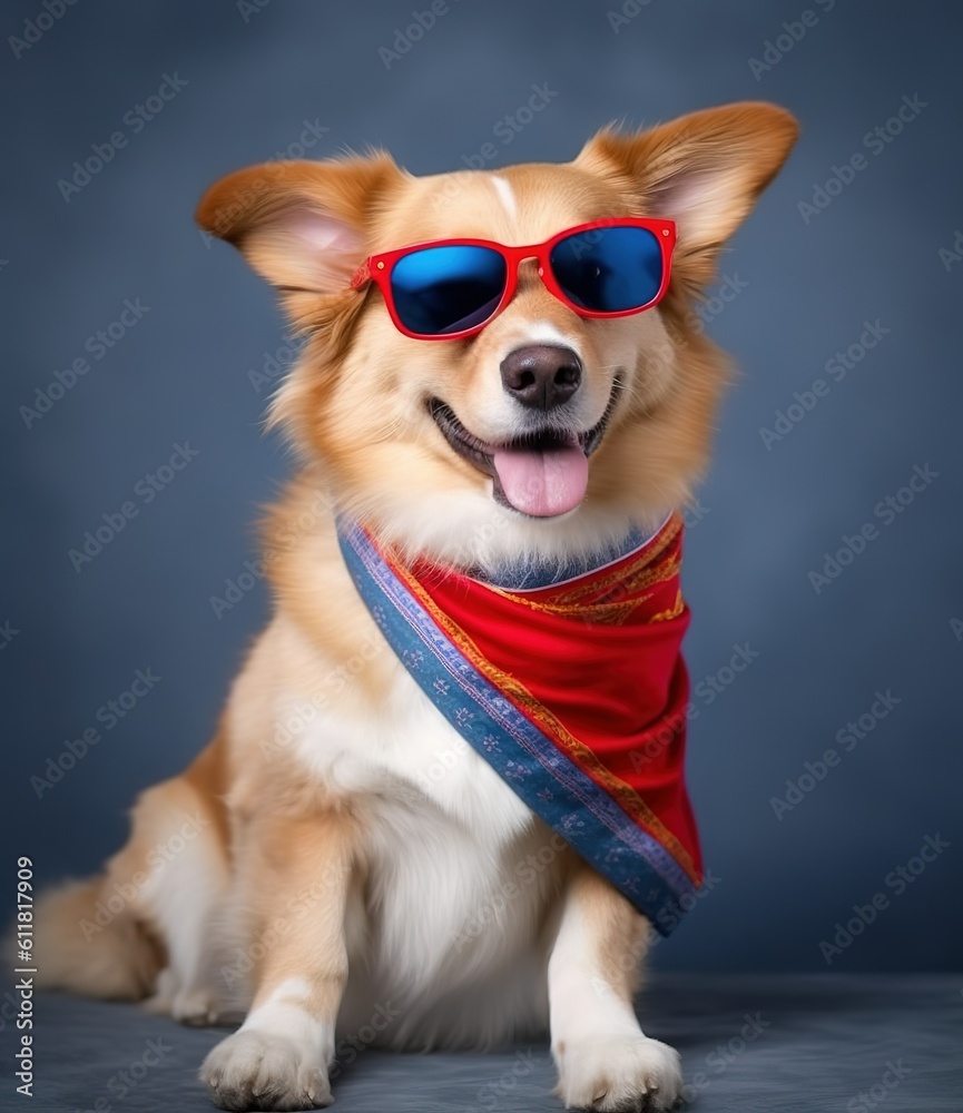 funny corgi dog wearing scarf and sunglasses. created with generative AI technology