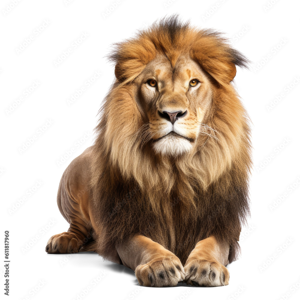 A handsome male lion sitting isolated on a transparent background. Proud male lion generative AI