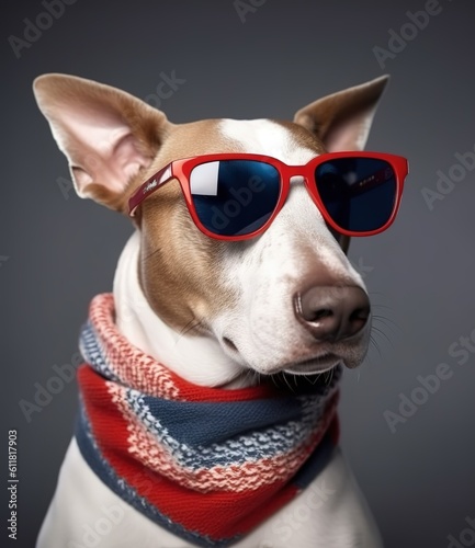 funny dog wearing scarf and sunglasses. created with generative AI technology © hakule