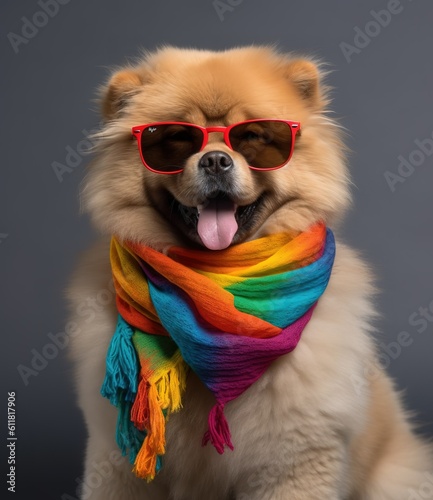 funny chow chow dog wearing scarf and sunglasses. created with generative AI technology