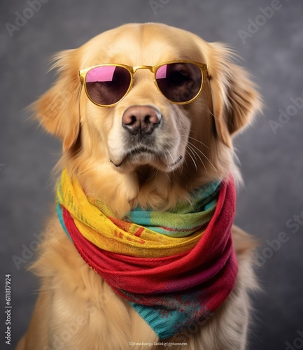 funny golden retriever wearing scarf and sunglasses. created with generative AI technology