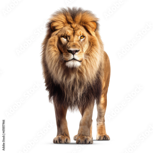 A handsome male lion isolated on a transparent background. Proud male lion generative AI