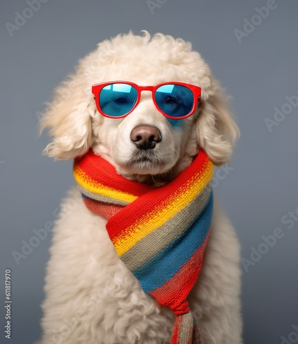 funny poodle dog wearing scarf and sunglasses. created with generative AI technology © hakule