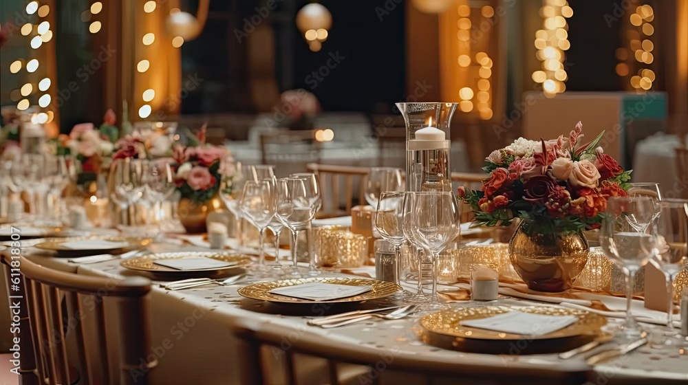 Plates, cutlery, and sparkling wine glasses are all there at the table, along with text space. The wedding reception table is set. Banquet tables are set up in a restaurant. Generative AI Plates, cutlery, and sparkling wine glasses are all there at the table, along with text space. The wedding reception table is set. Banquet tables are set up in a restaurant. Generative AI