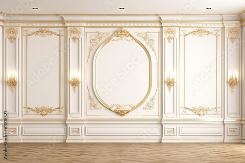 Classic white interior with wooden flooring, moldings, and wall panels. mock-up for an illustration. Generative AI