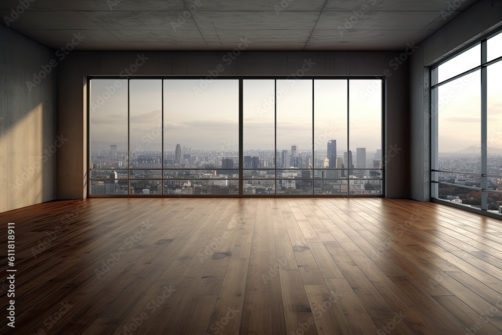 Obraz premium Interior of an empty, open balcony with a view of the entire city, daylight, wooden flooring, and a blank mock-up area on the wall. Generative AI