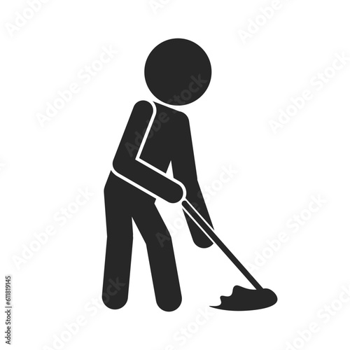Isolated illustration of stickman moping floor with water, template icon for safety sign cleaning in progress, janitor, slippery when wet, caution wet floor, fall hazard