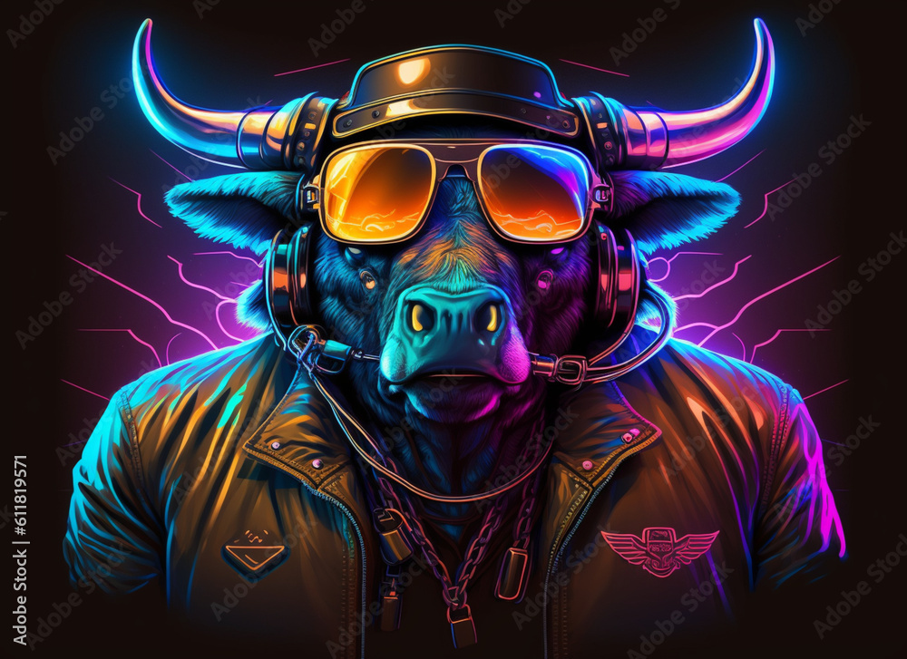Neon Aviator: Electrifying Bull Illustration for Standout T-Shirt Prints, Generative AI Neon Aviator: Electrifying Bull Illustration for Standout T-Shirt Prints, Generative AI